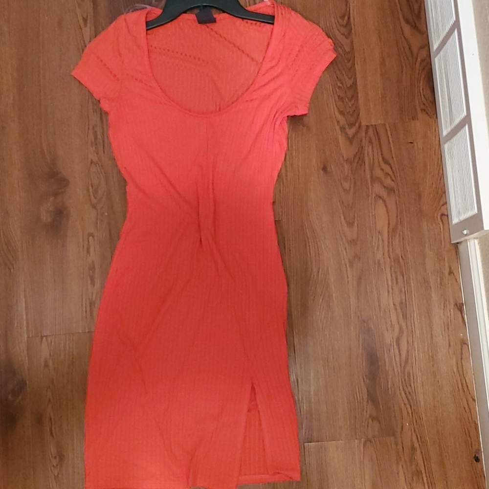Coral Red T-Shirt Mini Dress - L - V-Neck Casual Summer Minimalist Bodycon